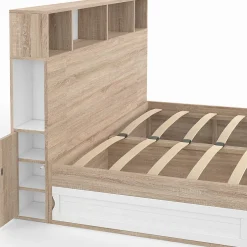 IDMarket Lit double CLEM avec rangements + tête de lit et sommier 140 x 190 cm hêtre et blanc