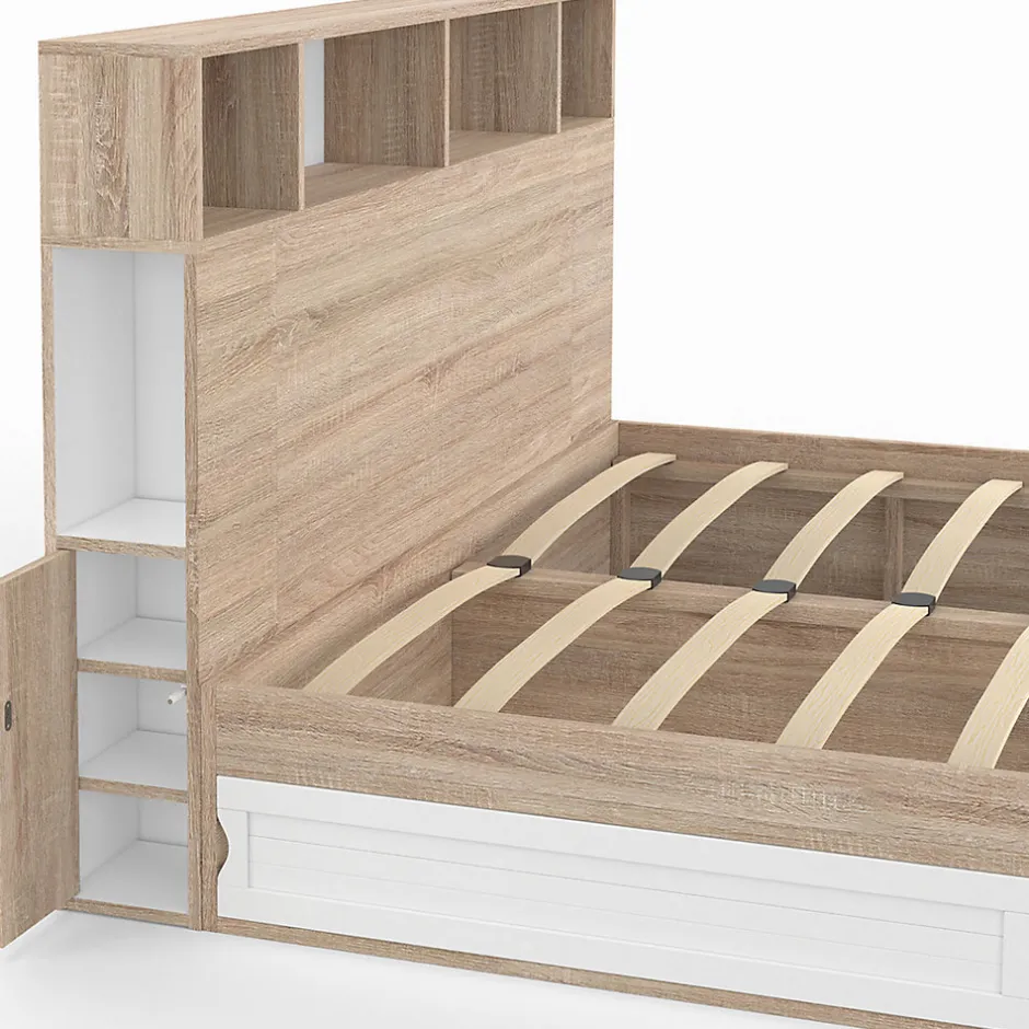 IDMarket Lit double CLEM avec rangements + tête de lit et sommier 140 x 190 cm hêtre et blanc