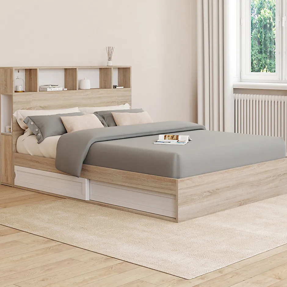 IDMarket Lit double CLEM avec rangements + tête de lit et sommier 140 x 190 cm hêtre et blanc