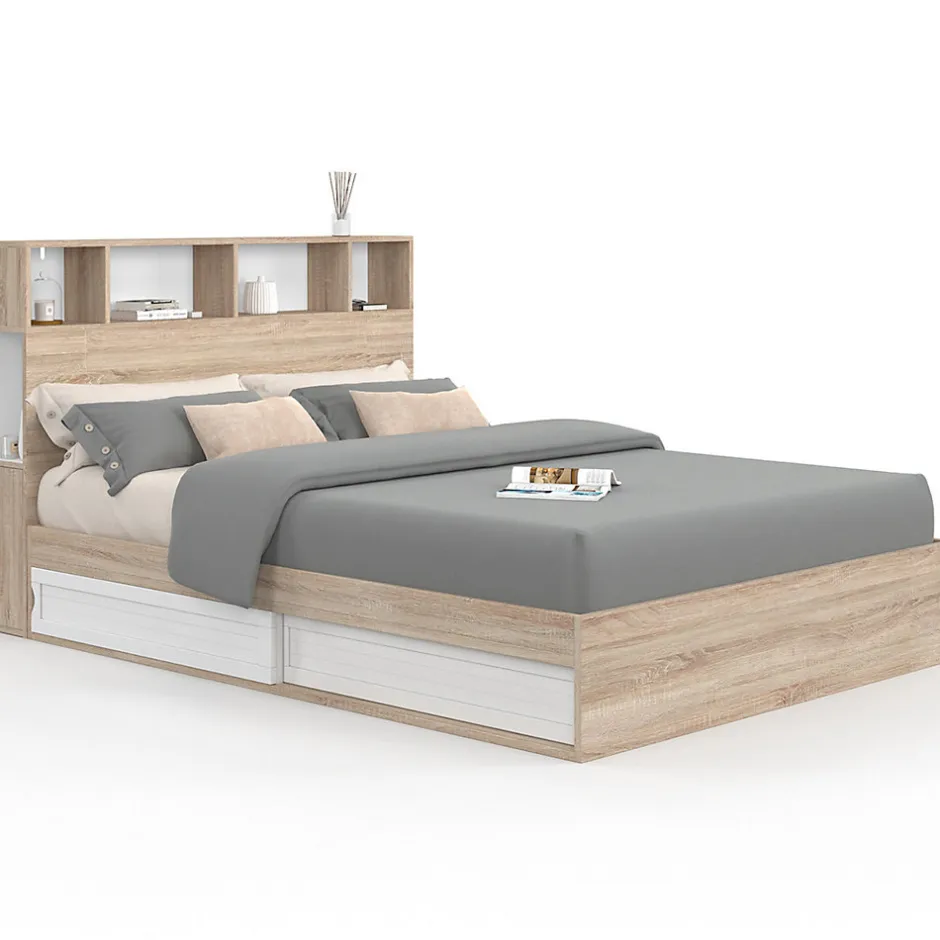 IDMarket Lit double CLEM avec rangements + tête de lit et sommier 140 x 190 cm hêtre et blanc