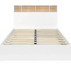 IDMarket Lit double CLEM avec tête de lit, rangements et sommier 140 x 190 cm blanc