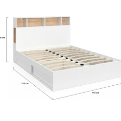IDMarket Lit double CLEM avec tête de lit, rangements et sommier 140 x 190 cm blanc
