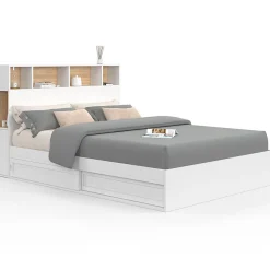 IDMarket Lit double CLEM avec tête de lit, rangements et sommier 140 x 190 cm blanc