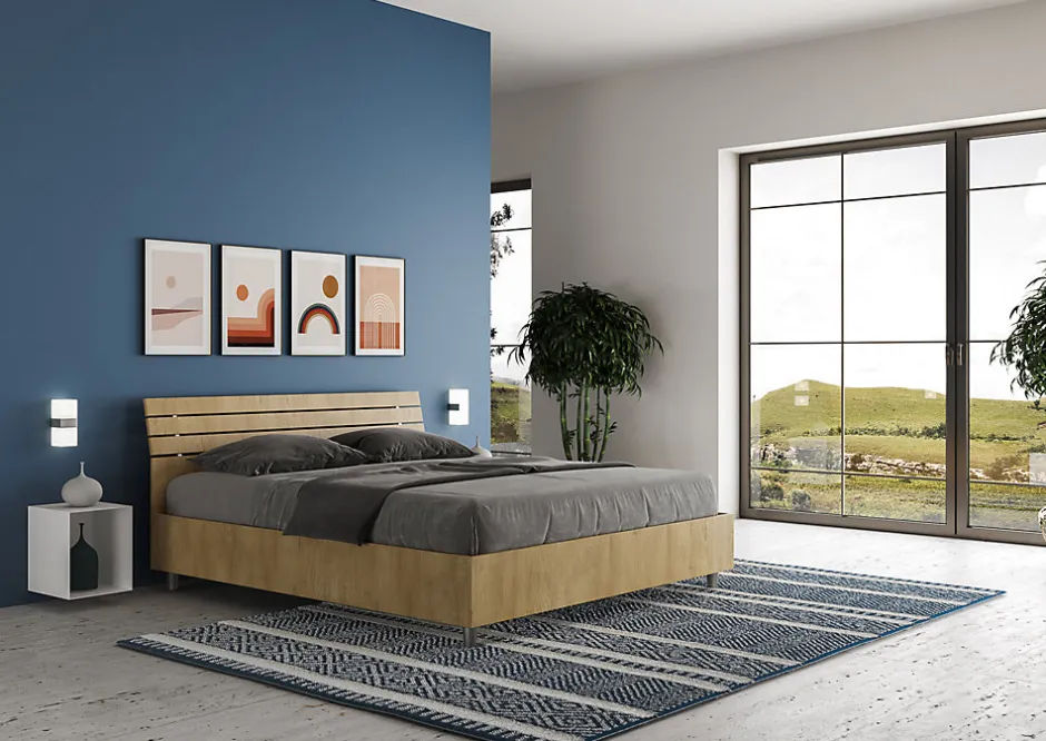 Ityhome Lit double coffre avec relevage 160x200 cm, tête de lit inclinée avec lattes en chêne Ankel Online