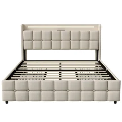 Fortuna lai Lit Double Coffre 160x200cm Avec Éclairage LED Et 4 Tiroirs, Rechargeable, Avec Tête De Lit,beige