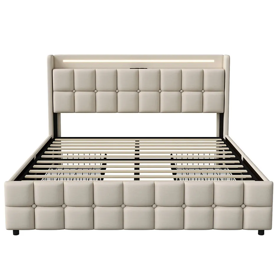 Fortuna lai Lit Double Coffre 160x200cm Avec Éclairage LED Et 4 Tiroirs, Rechargeable, Avec Tête De Lit,beige
