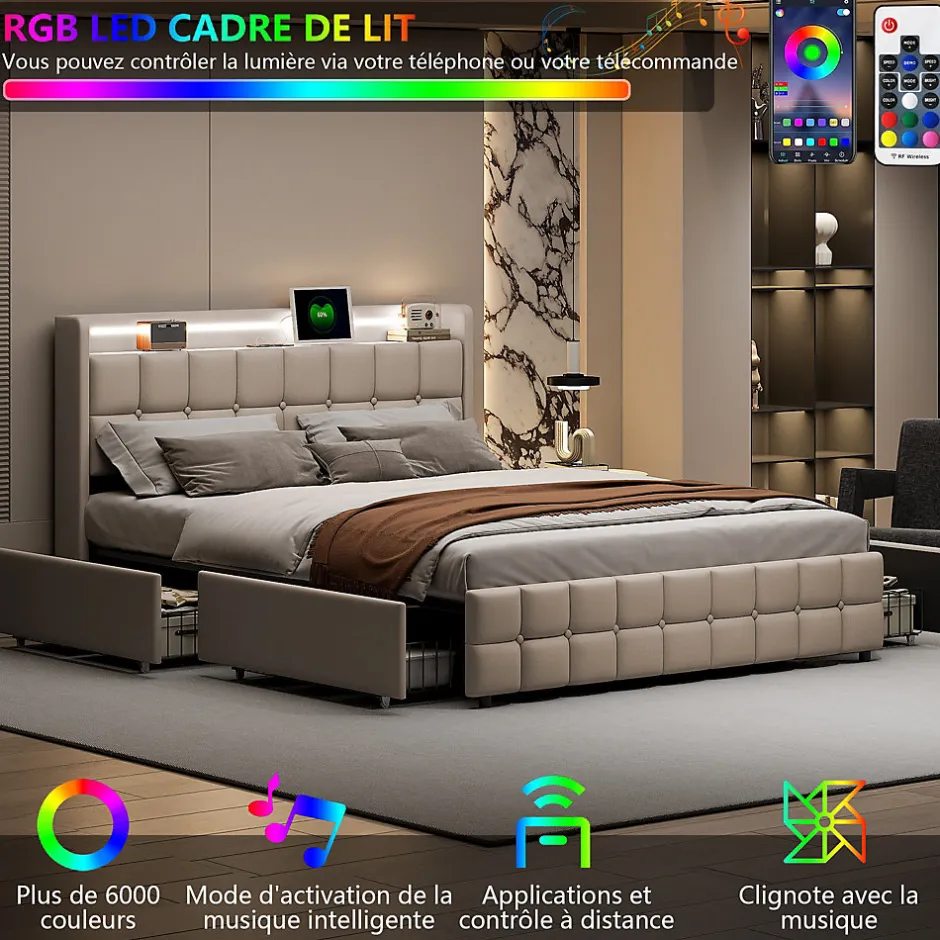 Fortuna lai Lit Double Coffre 160x200cm Avec Éclairage LED Et 4 Tiroirs, Rechargeable, Avec Tête De Lit,beige