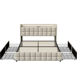 Fortuna lai Lit Double Coffre 160x200cm Avec Éclairage LED Et 4 Tiroirs, Rechargeable, Avec Tête De Lit,beige