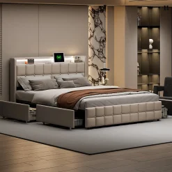 Fortuna lai Lit Double Coffre 160x200cm Avec Éclairage LED Et 4 Tiroirs, Rechargeable, Avec Tête De Lit,beige