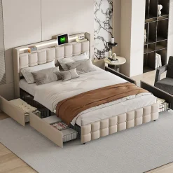 Fortuna lai Lit Double Coffre 160x200cm Avec Éclairage LED Et 4 Tiroirs, Rechargeable, Avec Tête De Lit,beige