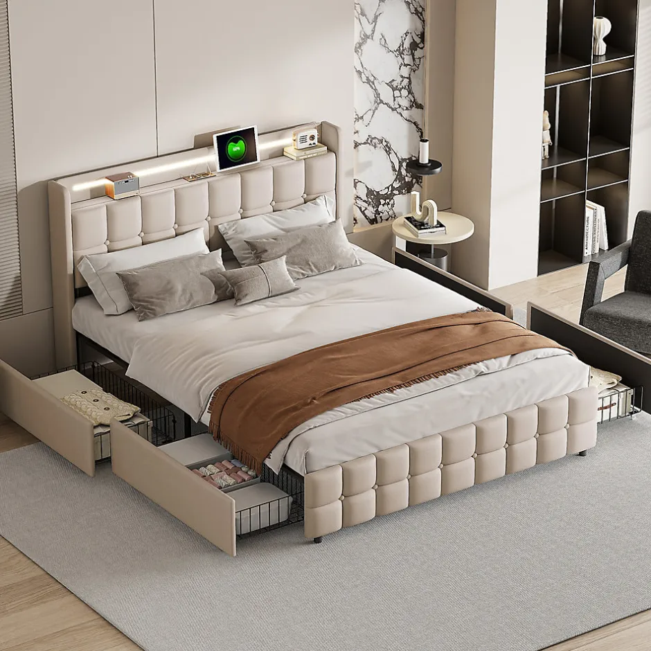 Fortuna lai Lit Double Coffre 160x200cm Avec Éclairage LED Et 4 Tiroirs, Rechargeable, Avec Tête De Lit,beige