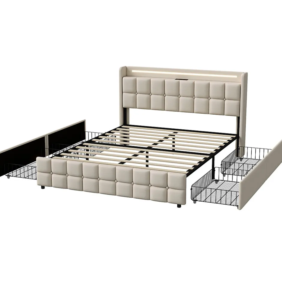 Fortuna lai Lit Double Coffre 160x200cm Avec Éclairage LED Et 4 Tiroirs, Rechargeable, Avec Tête De Lit,beige