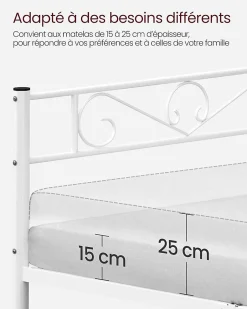Nature Pro Lit Double Convient pour Matelas de 140 x 190 cm Blanc Métal Montage Facile + Espace Rangement Chambre