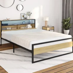 IDMarket Lit double DETROIT LED intégrés dans la tête de lit et sommier 140 x 190 cm effet bois et métal noir design industriel