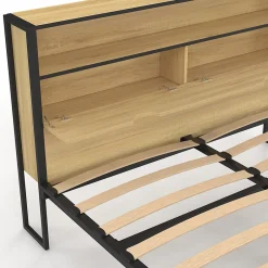 IDMarket Lit double DETROIT LED intégrés dans la tête de lit et sommier 140 x 190 cm effet bois et métal noir design industriel