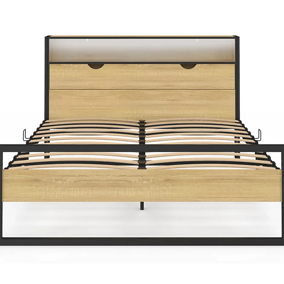 IDMarket Lit double DETROIT LED intégrés dans la tête de lit et sommier 140 x 190 cm effet bois et métal noir design industriel