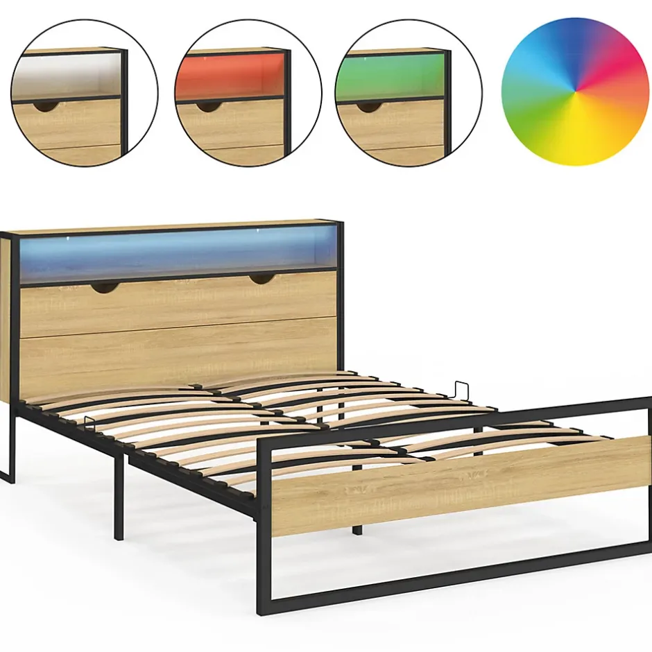 IDMarket Lit double DETROIT LED intégrés dans la tête de lit et sommier 140 x 190 cm effet bois et métal noir design industriel