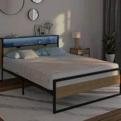 IDMarket Lit double DETROIT LED intégrés dans la tête de lit et sommier 140 x 190 cm effet bois et métal noir design industriel