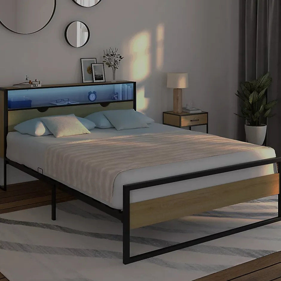 IDMarket Lit double DETROIT LED intégrés dans la tête de lit et sommier 140 x 190 cm effet bois et métal noir design industriel