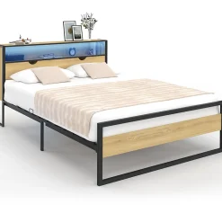 IDMarket Lit double DETROIT LED intégrés dans la tête de lit et sommier 140 x 190 cm effet bois et métal noir design industriel