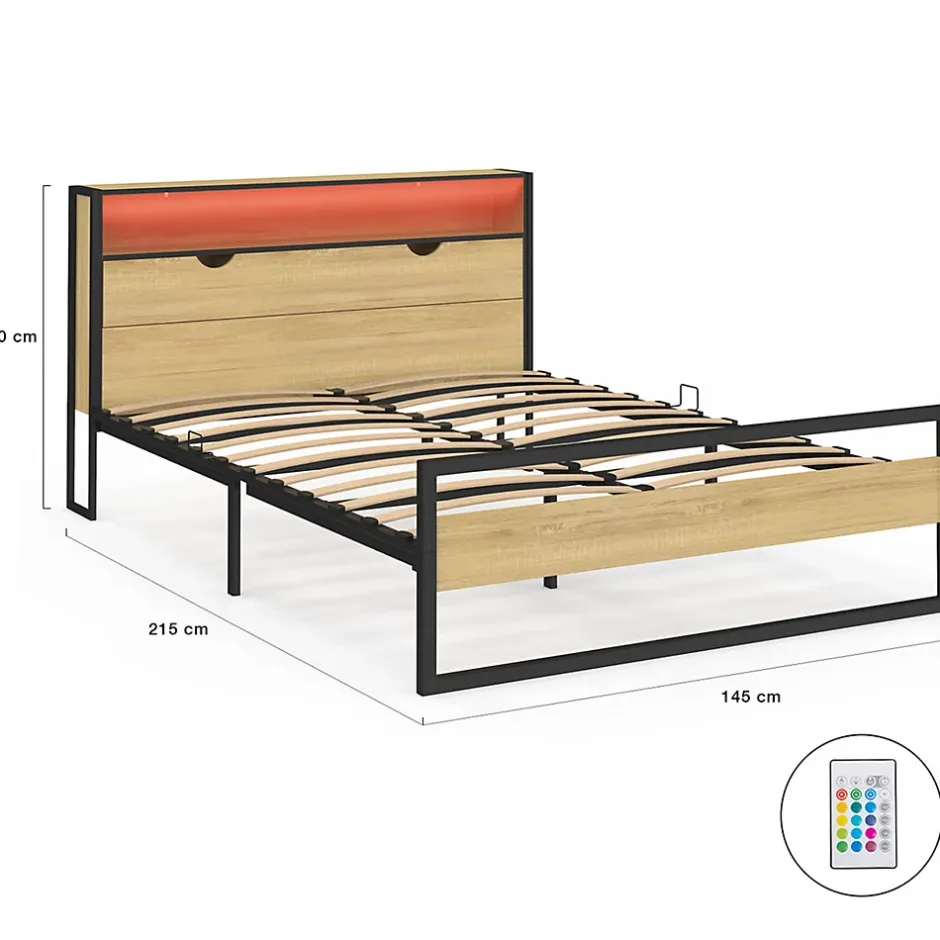 IDMarket Lit double DETROIT LED intégrés dans la tête de lit et sommier 140 x 190 cm effet bois et métal noir design industriel