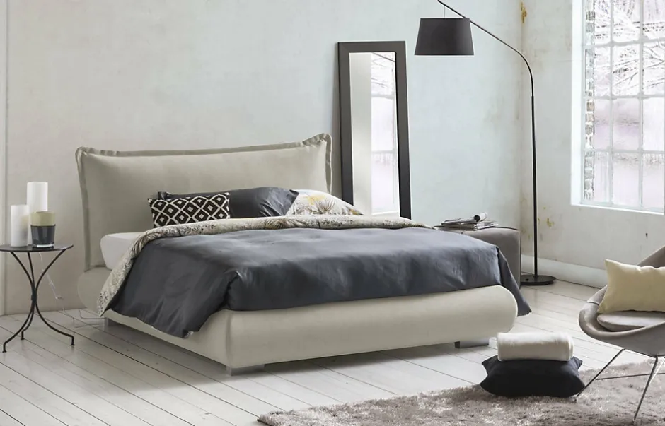 Talamo Italia Lit double Dfecci, Lit coffre avec revêtement et tête de lit en tissu, Ouverture frontale, adapté pour matelas 160x190 cm, Beige