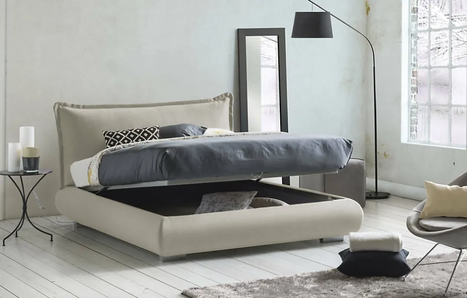 Talamo Italia Lit double Dfecci, Lit coffre avec revêtement et tête de lit en tissu, Ouverture frontale, adapté pour matelas 160x190 cm, Beige