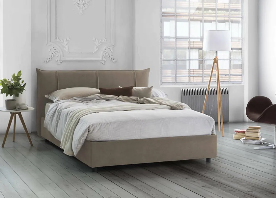 Talamo Italia Lit double Dfecci, Lit coffre avec revêtement en tissu, Ouverture frontale, avec matelas 160x200 cm inclus, Taupe