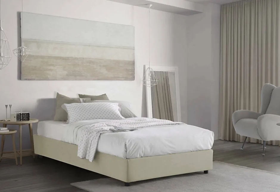 Talamo Italia Lit double Dmalizi, Lit coffre avec revêtement en tissu, Ouverture frontale, avec matelas 120x200 cm inclus, Beige