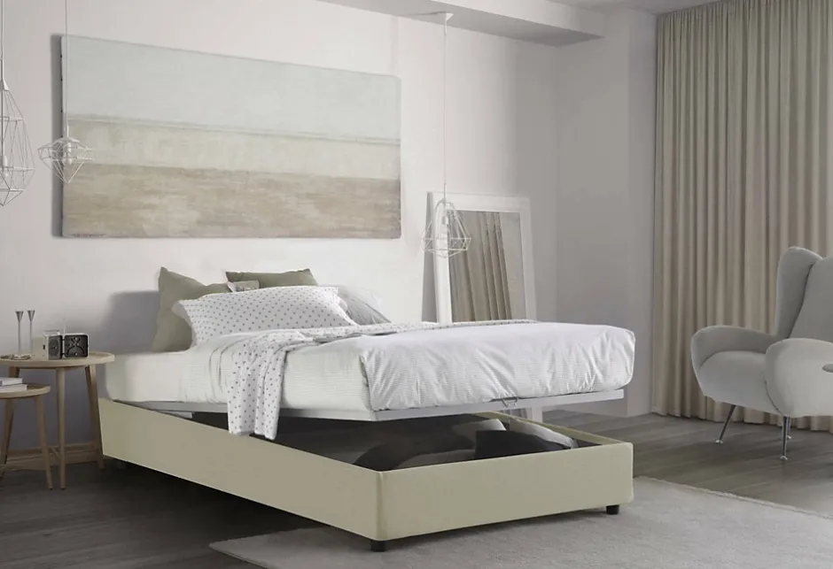 Talamo Italia Lit double Dmalizi, Lit coffre avec revêtement en tissu, Ouverture frontale, avec matelas 120x200 cm inclus, Beige