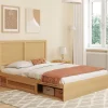 IDMarket Lit double EDHEN avec rangements + tête de lit effet cannage naturel et sommier 140 x 190 cm coloris bois Best
