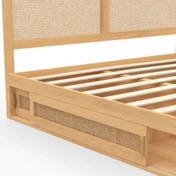IDMarket Lit double EDHEN avec rangements + tête de lit effet cannage naturel et sommier 140 x 190 cm coloris bois Best