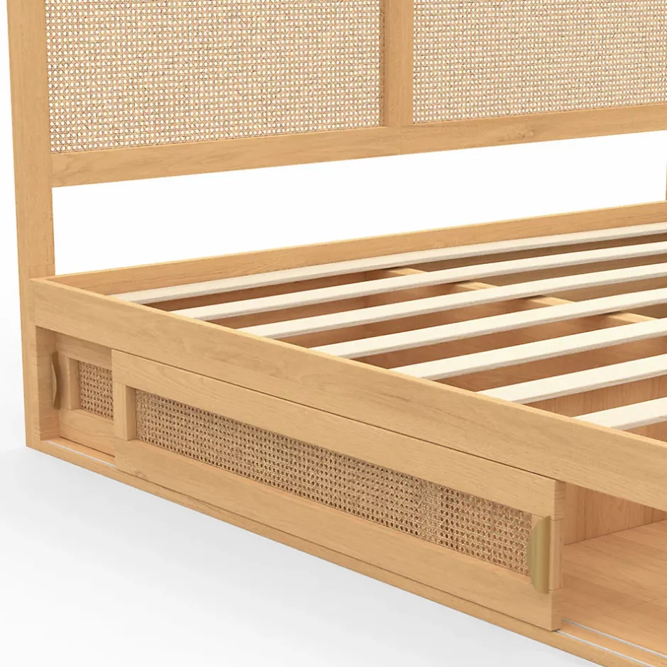 IDMarket Lit double EDHEN avec rangements + tête de lit effet cannage naturel et sommier 140 x 190 cm coloris bois Best