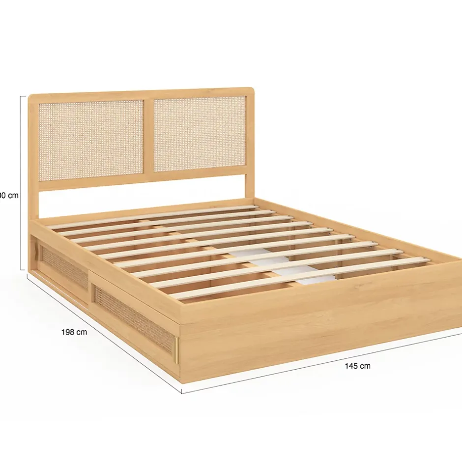IDMarket Lit double EDHEN avec rangements + tête de lit effet cannage naturel et sommier 140 x 190 cm coloris bois Best