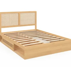 IDMarket Lit double EDHEN avec rangements + tête de lit effet cannage naturel et sommier 140 x 190 cm coloris bois Best