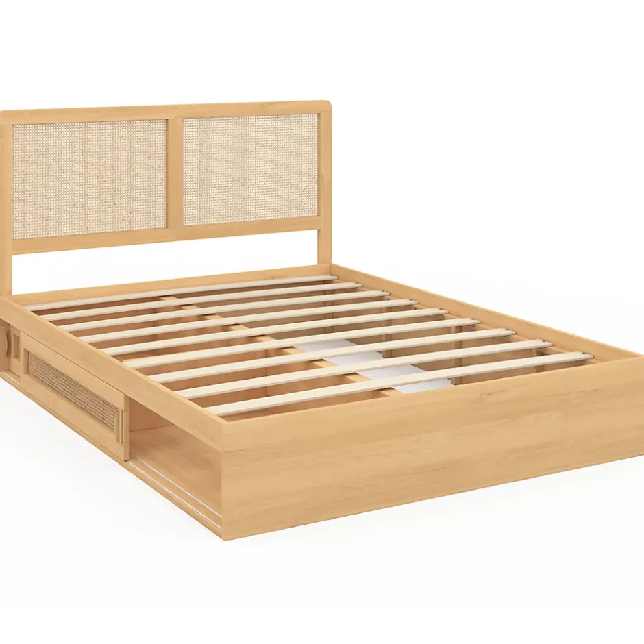 IDMarket Lit double EDHEN avec rangements + tête de lit effet cannage naturel et sommier 140 x 190 cm coloris bois Best