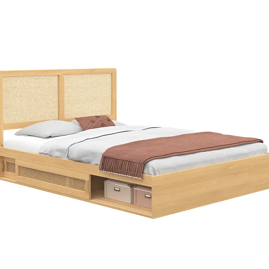 IDMarket Lit double EDHEN avec rangements + tête de lit effet cannage naturel et sommier 140 x 190 cm coloris bois Best