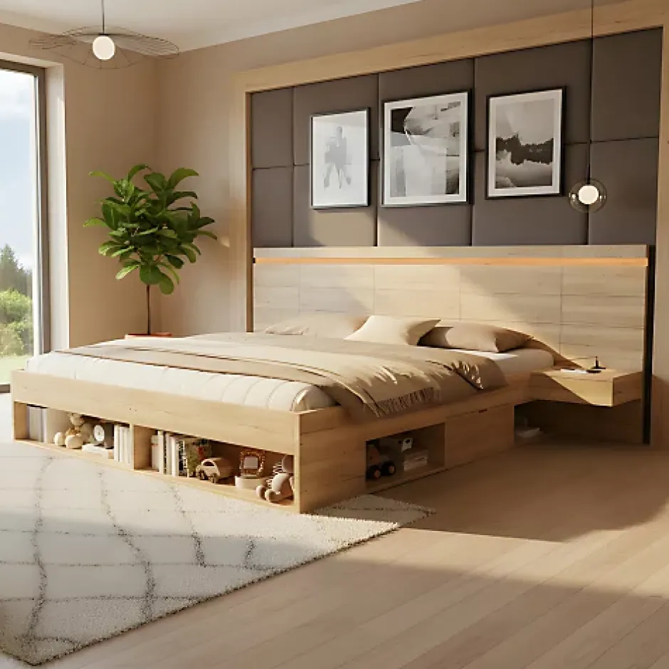 ModernLuxe Lit double en bois 180x200cm - avec tiroirs et 2 tables de chevet - Éclairage LED - Ports USB et Type-C - Naturel (sans matelas) New