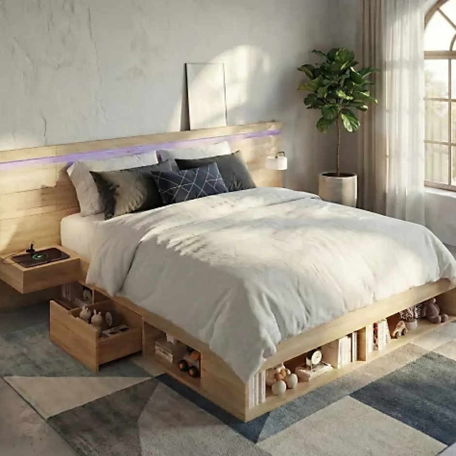 ModernLuxe Lit double en bois 180x200cm - avec tiroirs et 2 tables de chevet - Éclairage LED - Ports USB et Type-C - Naturel (sans matelas) New
