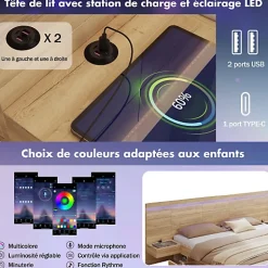 ModernLuxe Lit double en bois 180x200cm - avec tiroirs et 2 tables de chevet - Éclairage LED - Ports USB et Type-C - Naturel (sans matelas) New