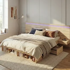 ModernLuxe Lit double en bois 180x200cm - avec tiroirs et 2 tables de chevet - Éclairage LED - Ports USB et Type-C - Naturel (sans matelas) New
