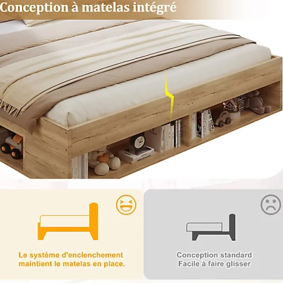 ModernLuxe Lit double en bois 180x200cm - avec tiroirs et 2 tables de chevet - Éclairage LED - Ports USB et Type-C - Naturel (sans matelas) New