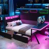 ModernLuxe Lit double en métal 140x200cm - avec tête de lit LED - 2 tiroirs et bureau avec éclairage LED - Noir (Matelas non inclus)