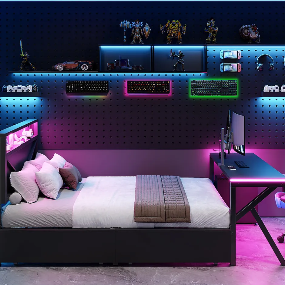 ModernLuxe Lit double en métal 140x200cm - avec tête de lit LED - 2 tiroirs et bureau avec éclairage LED - Noir (Matelas non inclus)