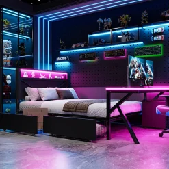 ModernLuxe Lit double en métal 140x200cm - avec tête de lit LED - 2 tiroirs et bureau avec éclairage LED - Noir (Matelas non inclus)