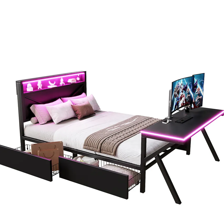 ModernLuxe Lit double en métal 140x200cm - avec tête de lit LED - 2 tiroirs et bureau avec éclairage LED - Noir (Matelas non inclus)