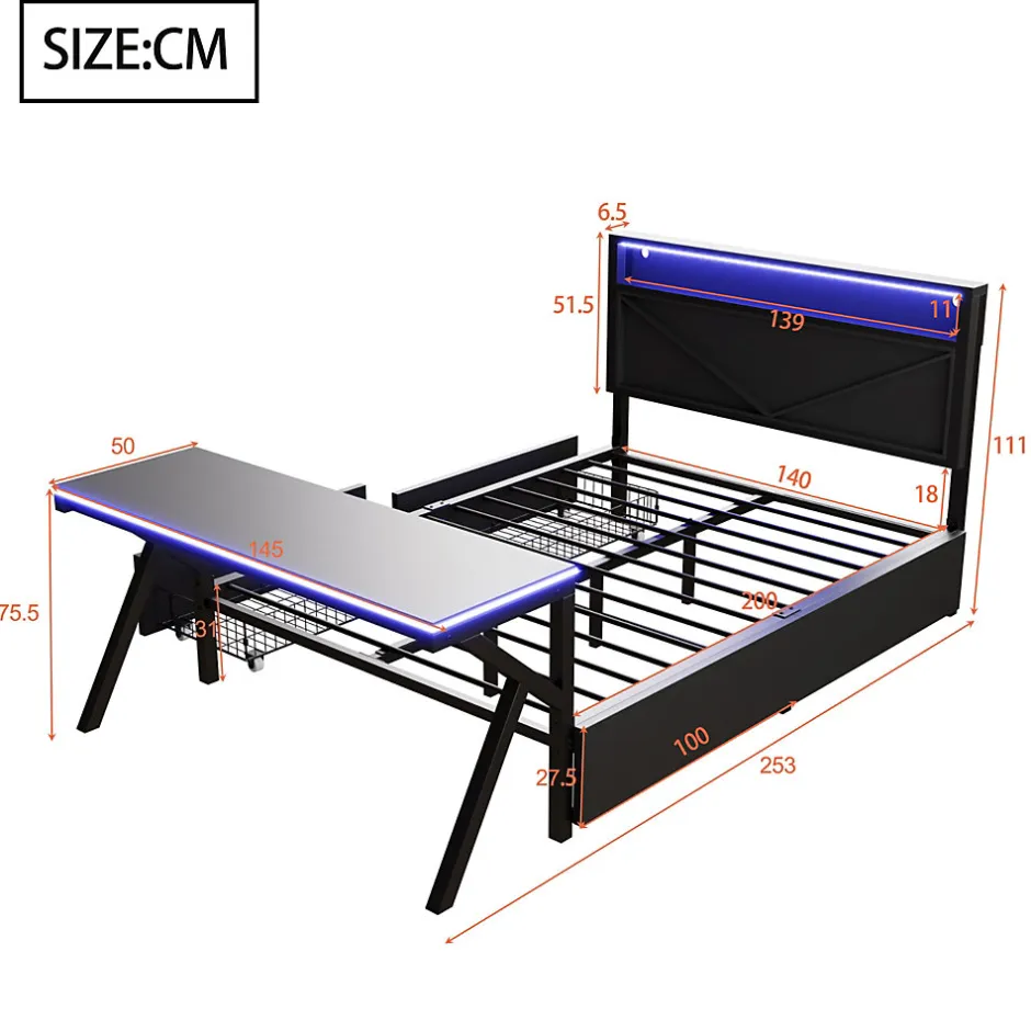ModernLuxe Lit double en métal 140x200cm - avec tête de lit LED - 2 tiroirs et bureau avec éclairage LED - Noir (Matelas non inclus)