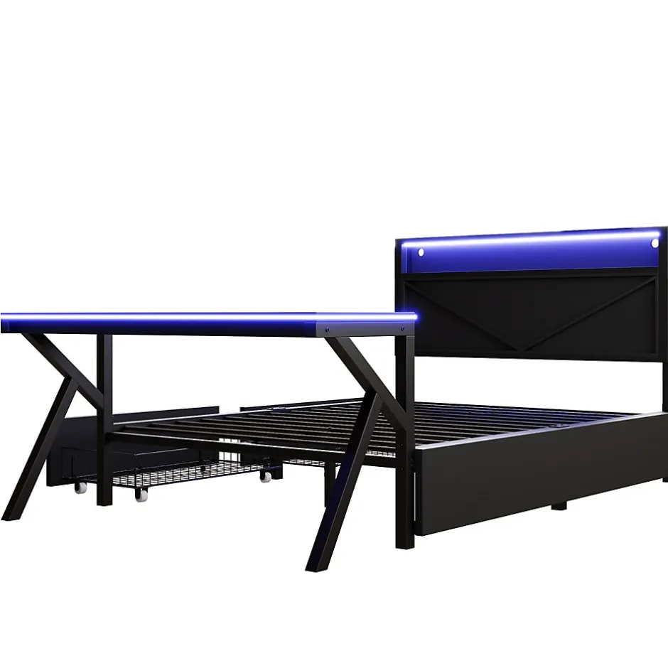 ModernLuxe Lit double en métal 140x200cm - avec tête de lit LED - 2 tiroirs et bureau avec éclairage LED - Noir (Matelas non inclus)
