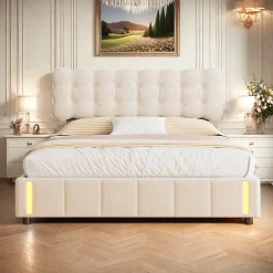ProximaX Lit double en velours beige 160x200cm avec rangement hydraulique et lampe sensorielle au pied, confort moderne et lumineux