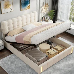 ProximaX Lit double en velours beige 160x200cm avec rangement hydraulique et lampe sensorielle au pied, confort moderne et lumineux